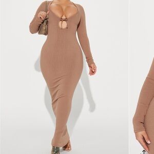 Fashion Nova Tan Bodycon Maxi Dress Plunge Sleeveless